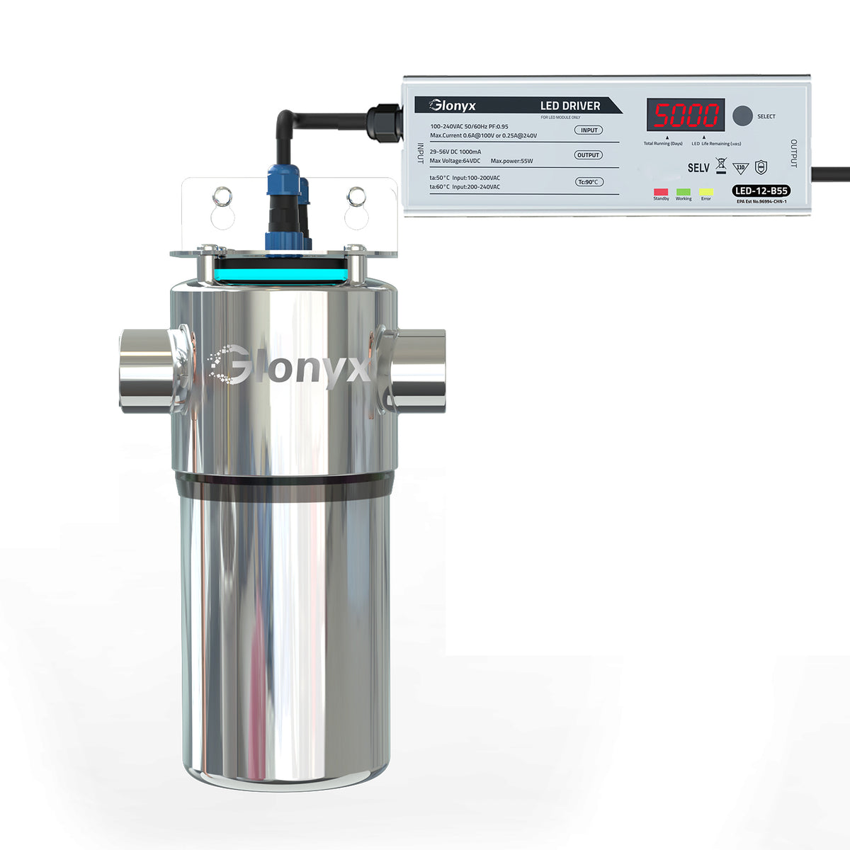 GX-LED-12 stainless steel water purifier and intelligent LED driver on white background