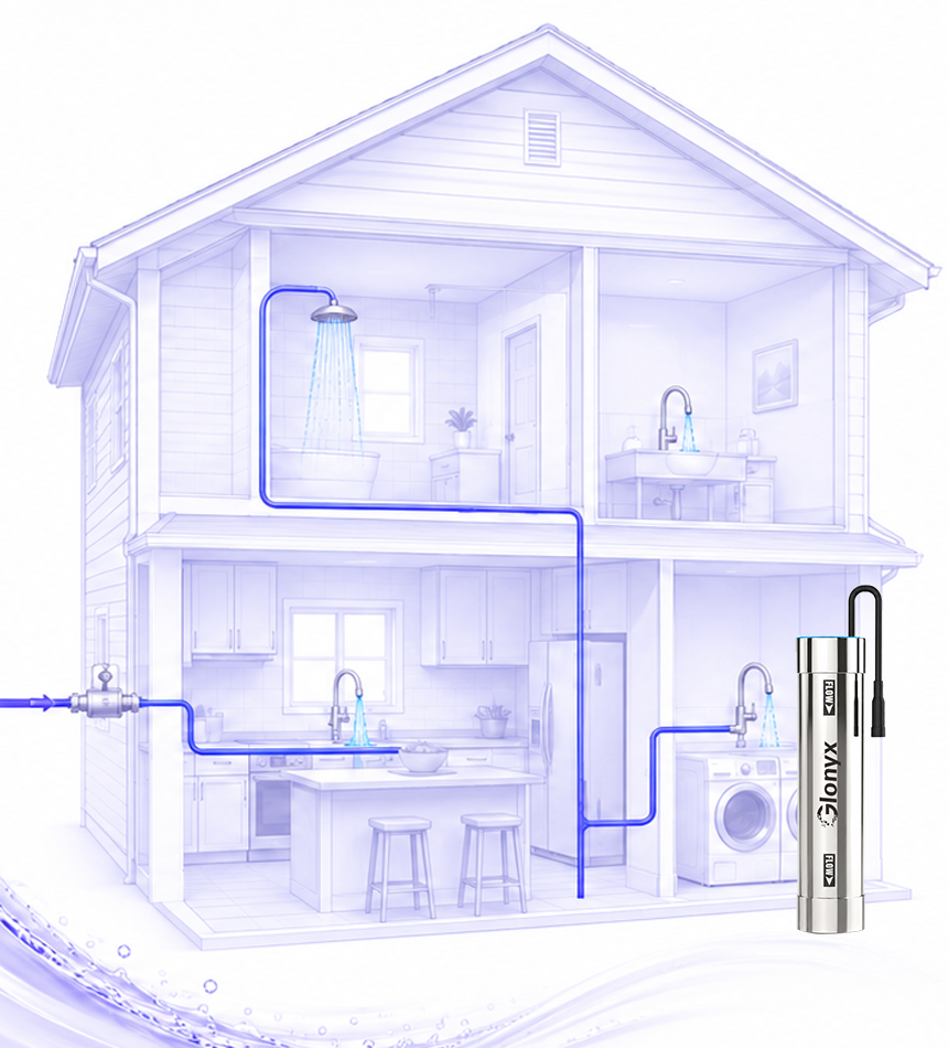 Illustrated whole-house point-of-entry water path with GX-LED-12E