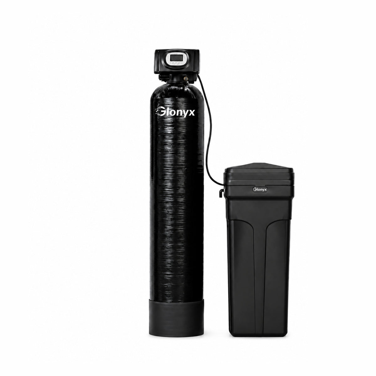 Glonyx GX-WS whole house water softener with resin tank and brine tank on white background