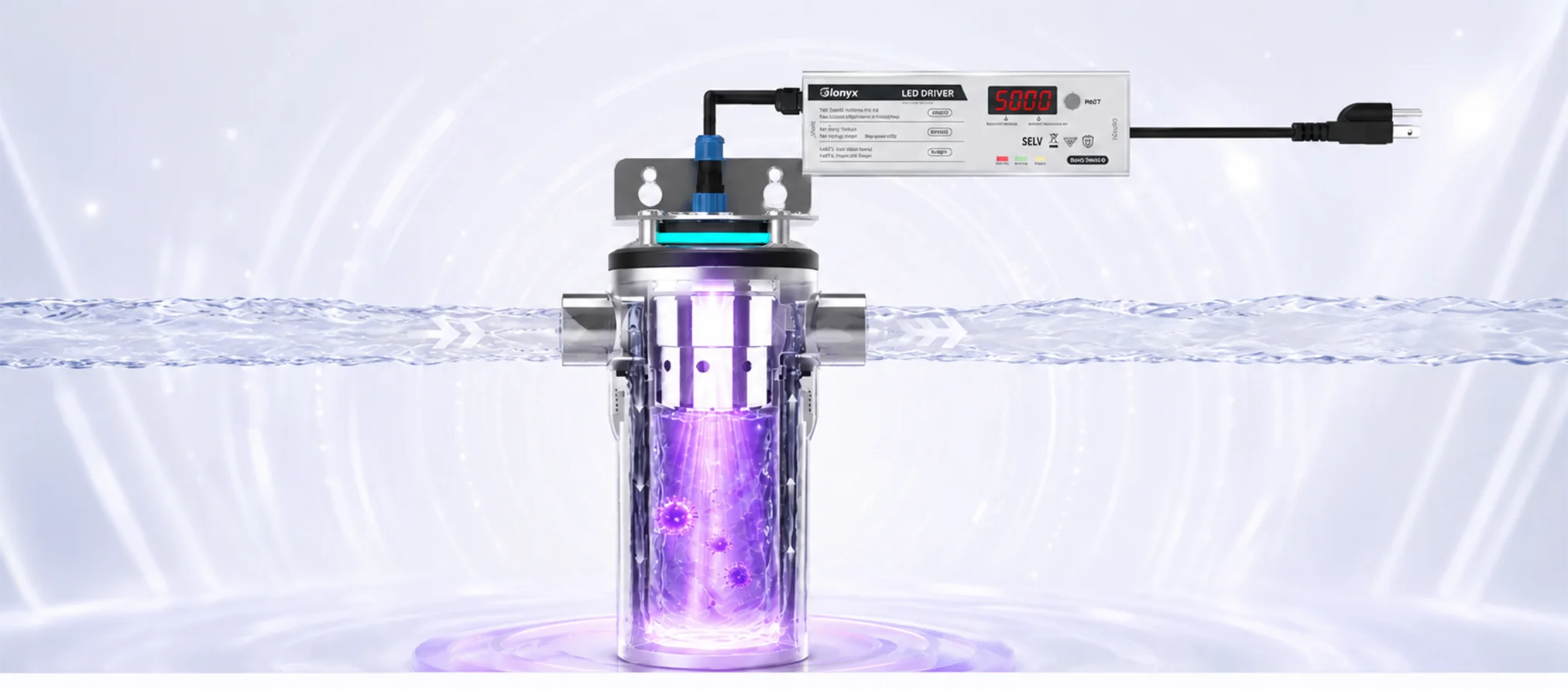 Cutaway view of GX-LED-12 treating flowing water with UVC LED light
