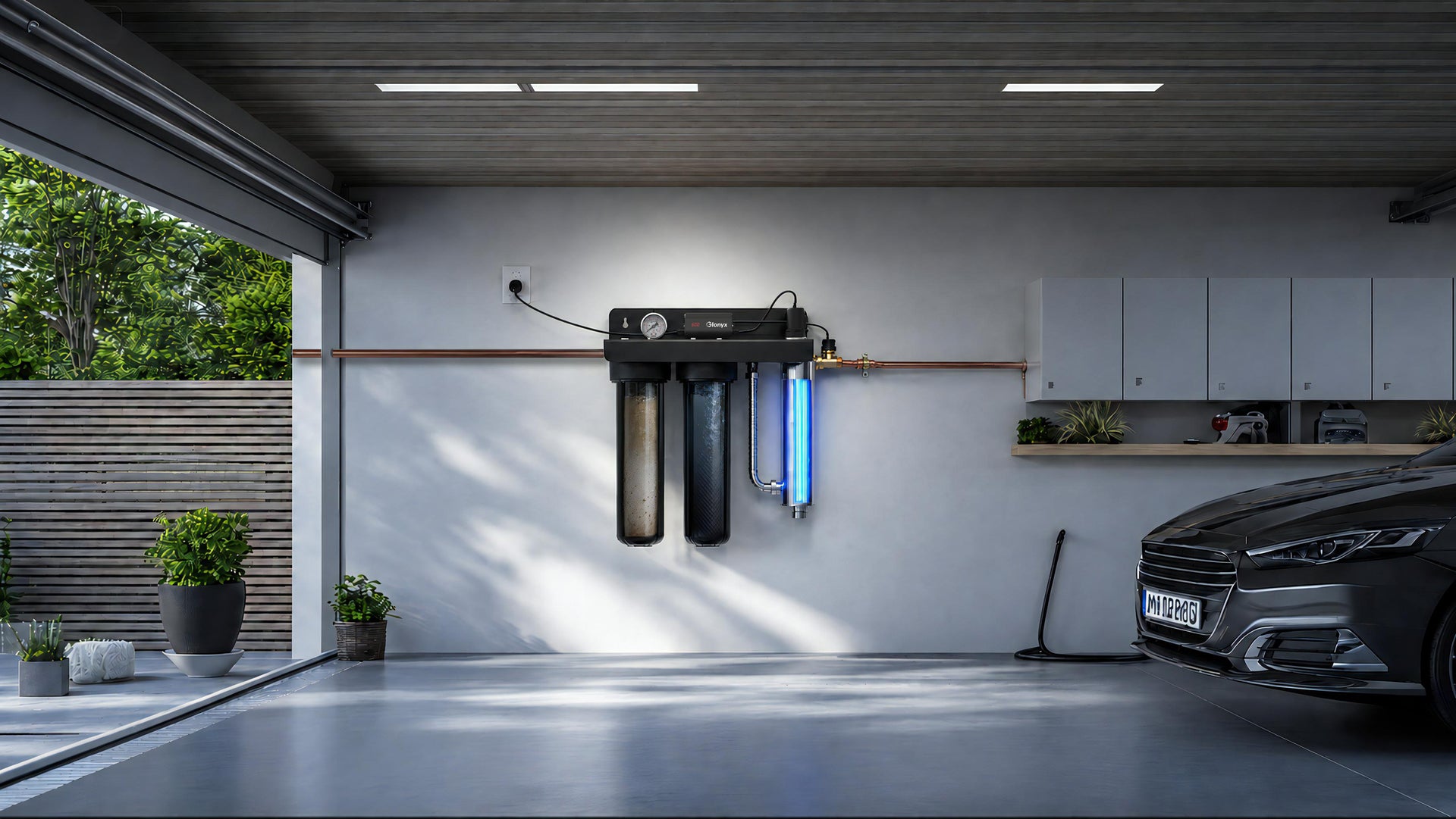 GX-WP-E20T garage installation with internal treatment stages visible