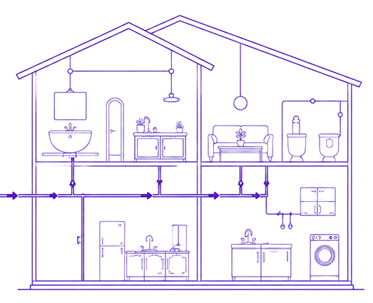 Detailed two-story home plumbing distribution diagram
