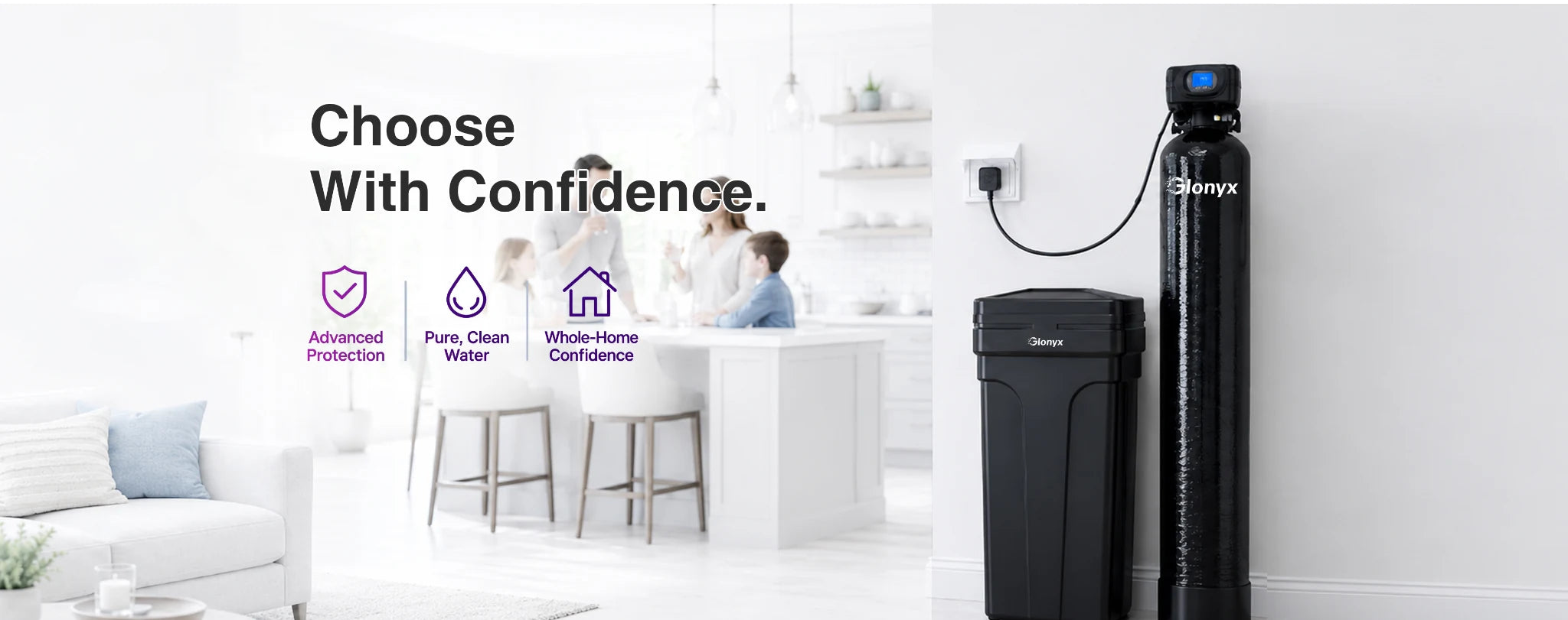 Glonyx whole-house water softener in a bright family home