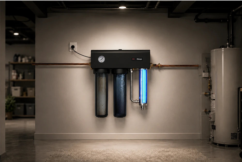 Glonyx whole-house filtration and UV treatment layout illustration