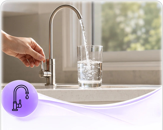 PSD artwork showing a dedicated faucet filling a glass with treated drinking water