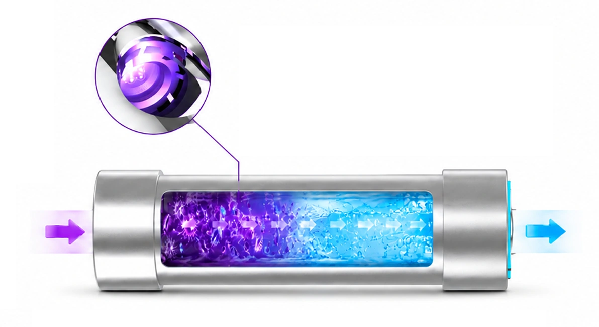 Cutaway illustration of water flowing through the GX-LED-01 UVC LED chamber