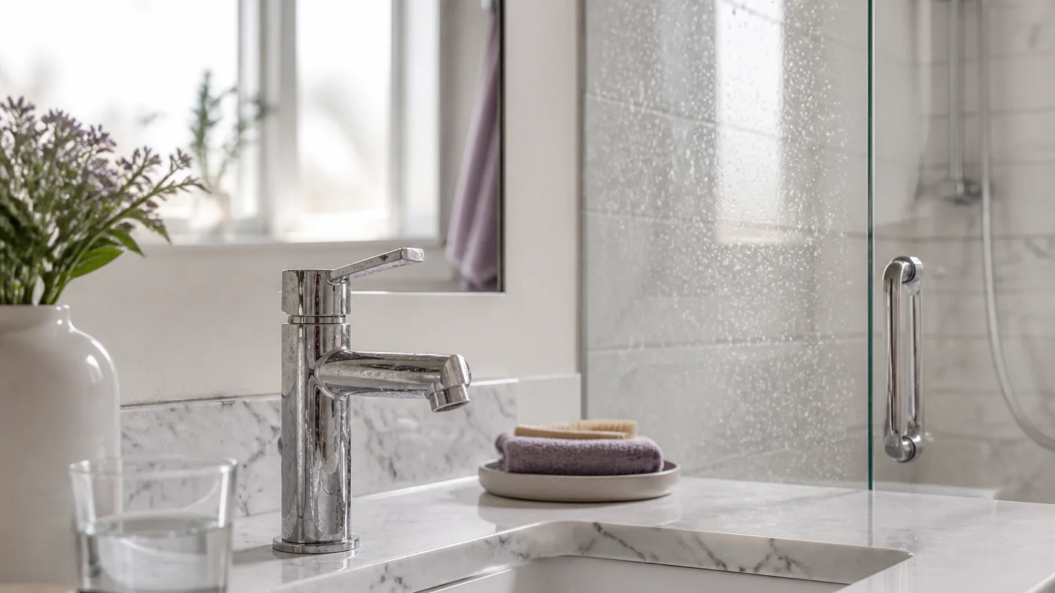Mineral spotting on bathroom fixtures and glass caused by hard water