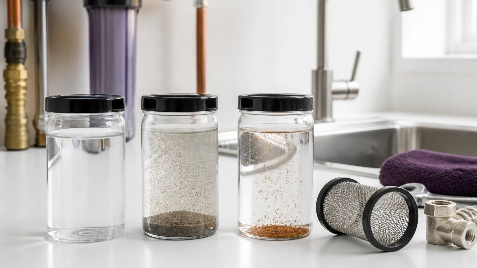 Water samples showing clear water, fine sediment, and rust-colored particles